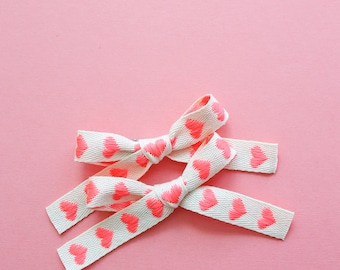 Neon pink sweetheart ribbon pigtail bows, Pink heart pigtail bows, Cream pigtail bows, Embroidered heart pigtail bows, Summer pigtail clips