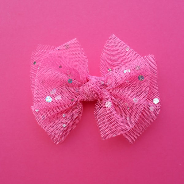 Pink tulle layered bow, Hot pink tulle bows, Pink glitter bows, Glitter tulle bows, Pink toddler bows, Doll pink bows, Doll bows, Tulle bow