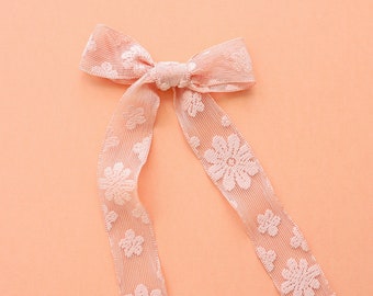 Long tail lace flower ribbon bow, Peach lace ribbon bow, Peach hair bow, Peach ribbon bow, Coquette hair bow, Coquette flower hair bow