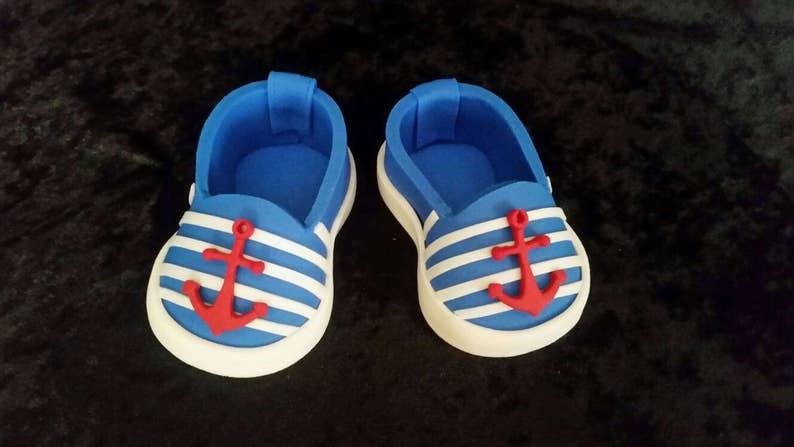 Pair Nautical Baby shoes cake topper, Shoe Fondant Bootie Toppers, baby shoe image 2