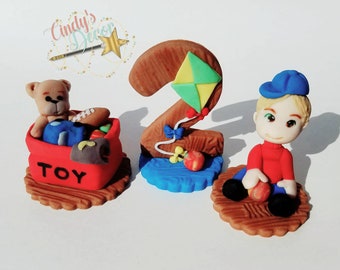 3 pc Fondant Boy toy box Number Birthday Gumpaste topper