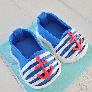 Pair Nautical Baby shoes cake topper, Shoe Fondant Bootie Toppers, baby shoe image 1