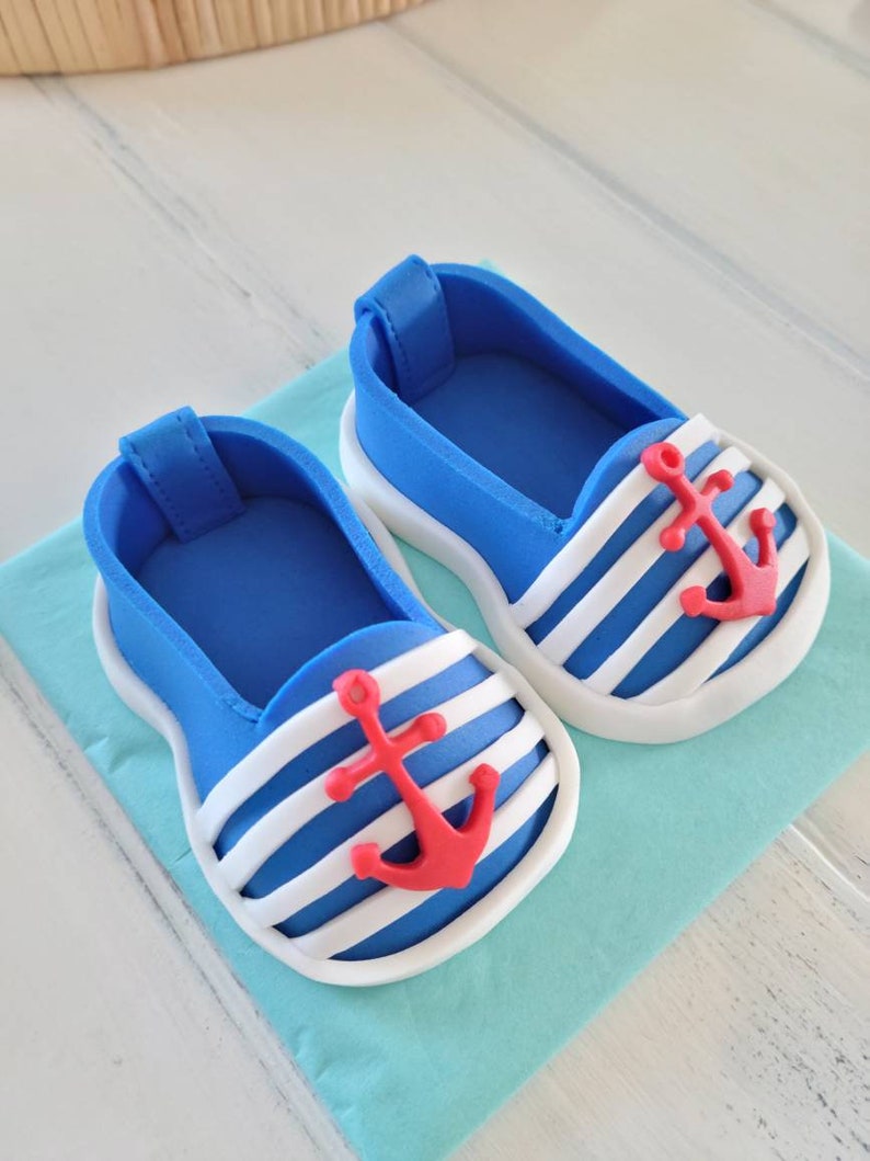 Pair Nautical Baby shoes cake topper, Shoe Fondant Bootie Toppers, baby shoe image 1