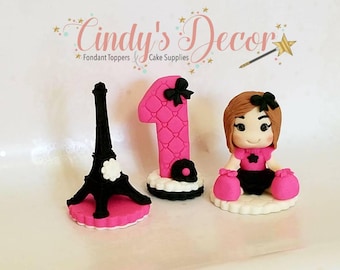 3 pc Girl fondant, Paris, Eiffel Tower topper, Birthday party, First birthday fondant topper