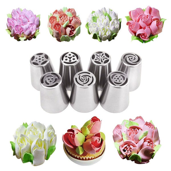 7 pc Stainless Steel Russian Tulip Icing Piping Nozzles Cake Decoration Cream 1 Adaptor Converter