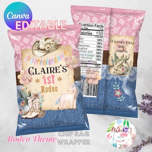 EDITABLE DIGITAL Download Pink and Light Blue Denim Rodeo Themed Chip Bag Wrappers Labels Printables