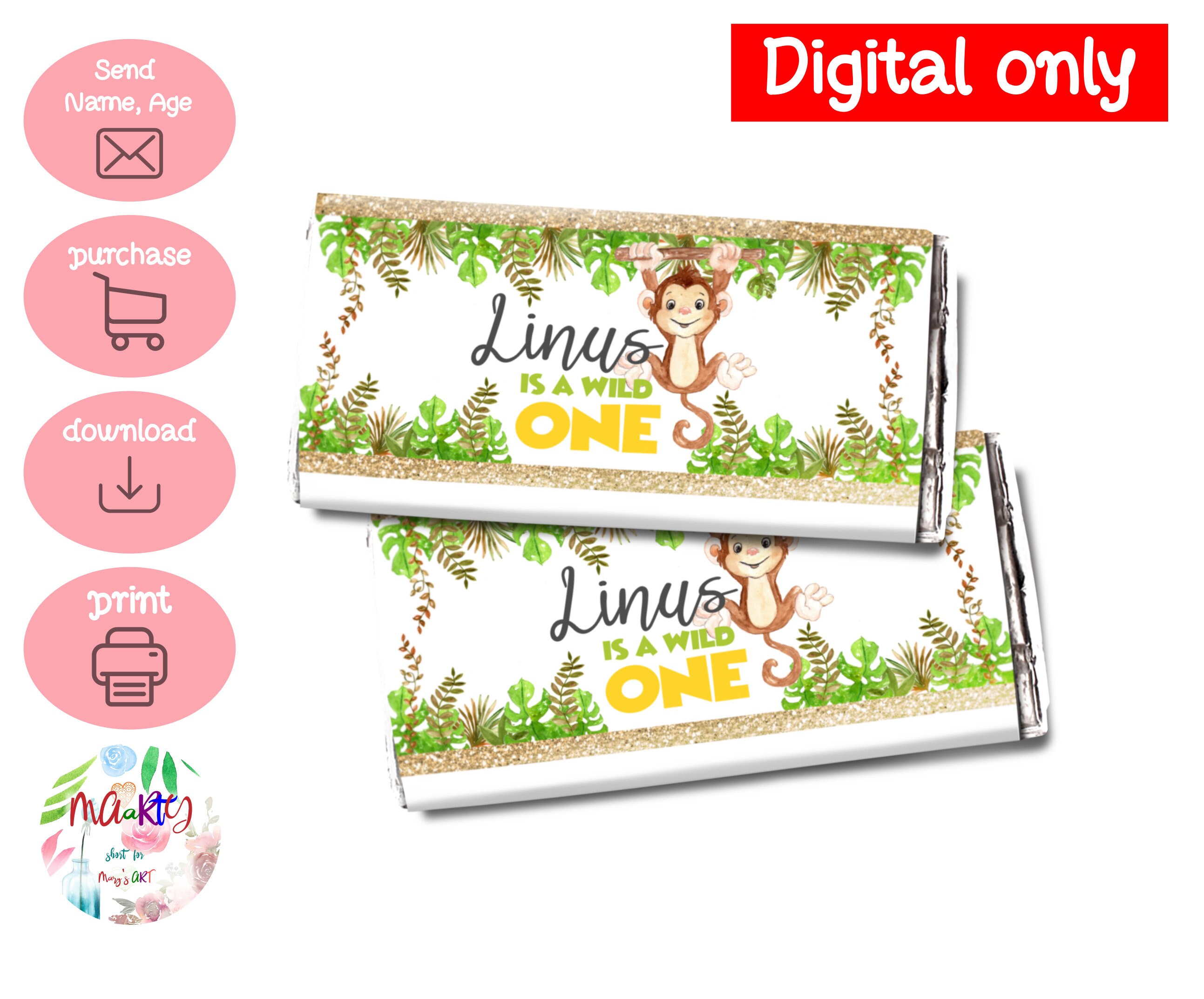 DIGITAL Download Wild One, Monkey Theme Party Candy Bar Wrapper Label ...