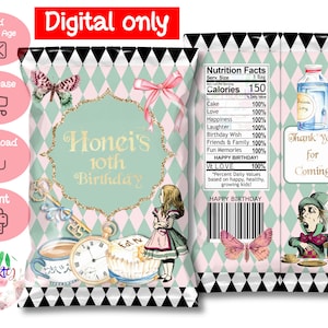 DIGITALER Download Alice im Wunderland Thema Chip Tüte Wrappers Etiketten Printables
