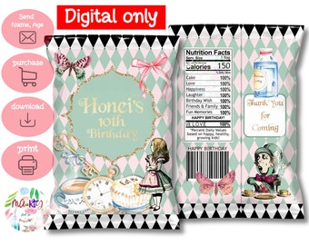 DIGITAL Download Alice in Wonderland Theme Chip Bag Wrappers Labels Printables