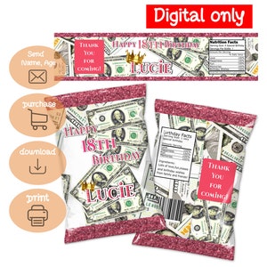 DIGITALER Download Pink, Weiß und Gold Geld Thema Chip Tasche Wrappers und Wasserflasche Etiketten Printable