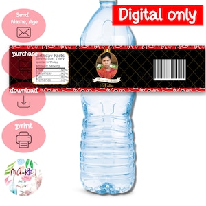 DIGITALE Download Royal WATERBOTTLE Wrapper Label: Rode bandana, zwart en goud Thema Verjaardag Printables Labels Gepersonaliseerde DIY