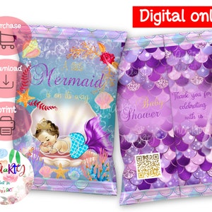 Lilac, and Aqua DIGITAL Download Mermaid Theme Baby Shower Chip Bag Wrappers Labels Printables