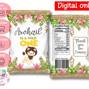 DIGITAL Download Wild one Safari theme Chip Bag Wrapper Labels Printables