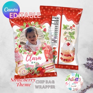 EDITABLE DIGITAL Download Berry Sweet One Strawberry Theme Chip Bag Wrappers Printable