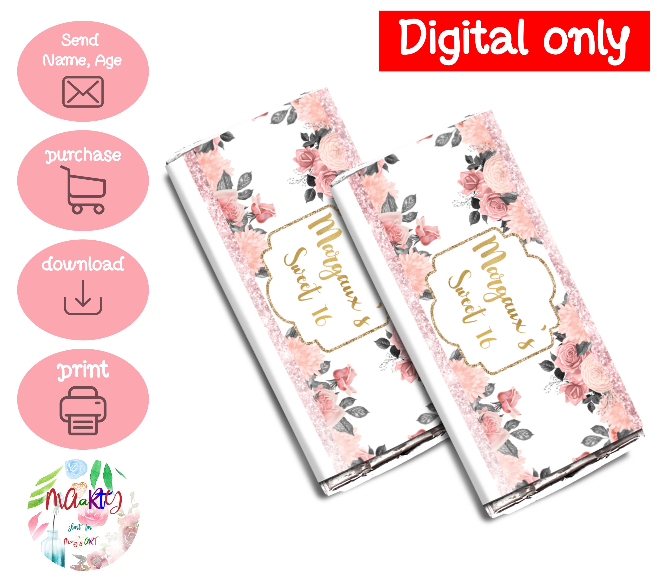 DIGITAL Download Sweet 16 Pink Floral Theme Candy Bar Wrapper ...