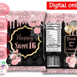 DIGITAL Download Sweet 16 Theme Chip Bag Wrappers Labels Printables