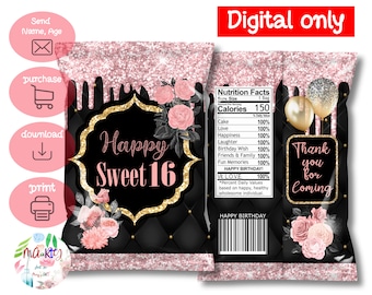 DIGITAL Download Sweet 16 Theme Chip Bag Wrappers Labels Printables