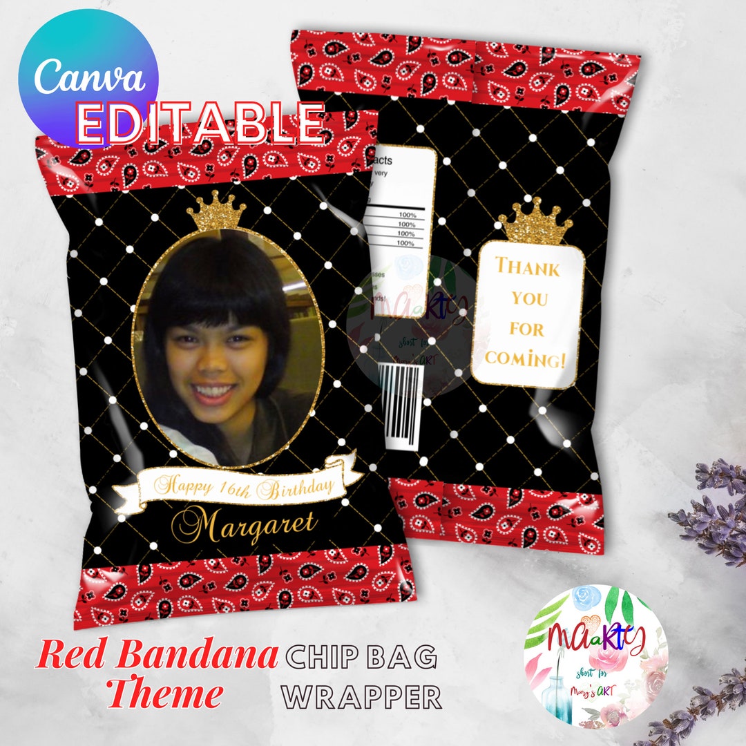 Wrapper Printable Red EDITABLE DIGITAL Download Red and Black Bandana Royal Chip Bag Wrappers ...