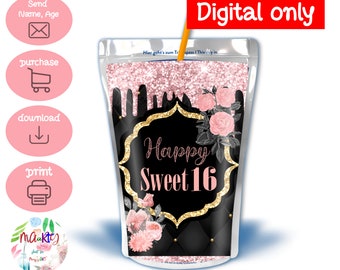 DIGITAL Download Sweet 16 Theme Caprisun Labels Printables