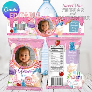 EDITABLE DIGITAL Download Sweets/Doughnut Theme Chip Bag and Water Bottle Wrapper Label Printable