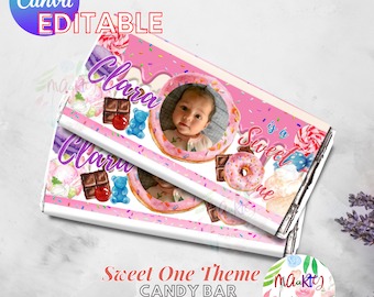 EDITABLE DIGITAL Download Sweet One Doughnut Theme Candy Bar Wrappers Printable