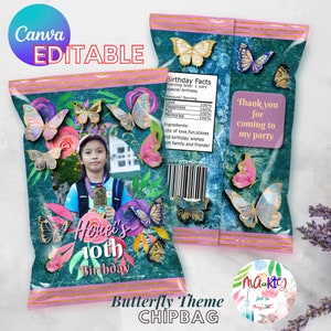EDITABLE DIGITAL Download Butterfly Theme Chip Bag Wrappers Labels Printables