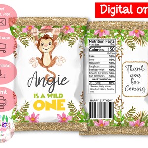 DIGITAL Download Wild One, Monkey Theme Party Chip Bag Label Printables