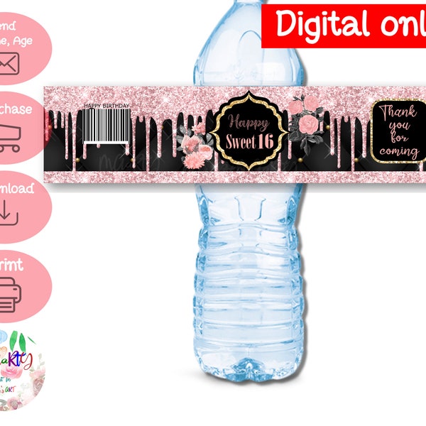 DIGITAL Download Sweet 16 Theme Water Bottle label Printables