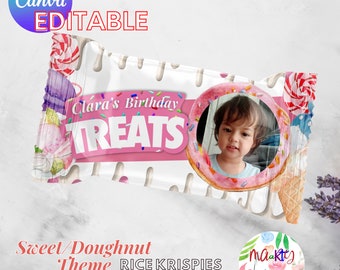 EDITABLE DIGITAL Download Sweet One Doughnut Theme Rice Krispies Treat Wrapper Label Printable