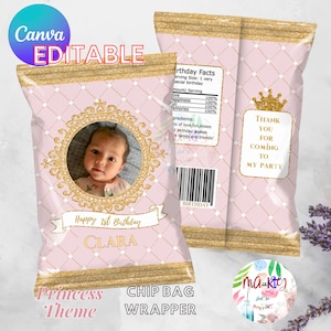 EDITABLE DIGITAL Download Pink Princess Theme Chip Bag Wrappers Printable