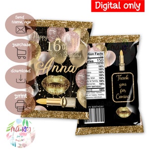 DIGITAL Download  Birthday Rose Gold, Gold, and Black Theme Chip Bag Wrappers Labels Printables