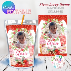 May include: Editable Capri Sun wrapper template with a strawberry theme. The wrapper features a red background with white polka dots, a strawberry design, and a photo placeholder. The text "Clara is a Berry Sweet One" is displayed on the wrapper.