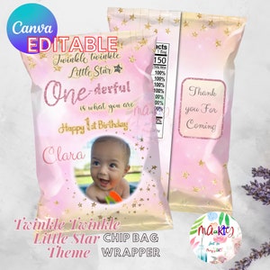 EDITABLE DIGITAL Download Gold, Pink and White Twinkle Twinkle Little Star themed Birthday/Baby Shower Chip Bag