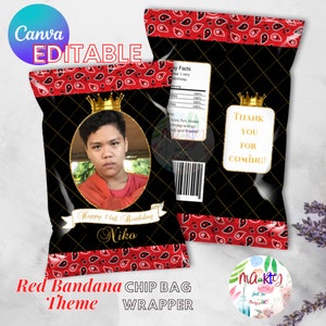 EDITABLE DIGITAL Download Red and Black Bandana Prince/ Royal Chip Bag Wrappers Labels Printables