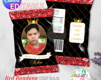 EDITABLE DIGITAL Download Red and Black Bandana Prince/ Royal Chip Bag Wrappers Labels Printables