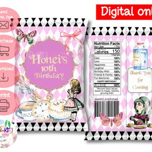 DIGITAL Download Alice in Wonderland Theme Chip Bag Wrappers Labels Printables