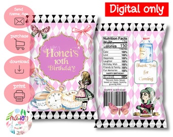 DIGITAL Download Alice in Wonderland Theme Chip Bag Wrappers Labels Printables