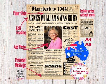 EDITABLE 80th Birthday 1944 Newspaper Major Events Back in the Day Printable- Australian Edit and Print Yourself- Last Minute Gift A3 and A4