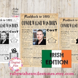 Personalised Irish 30th Birthday 1995 Newspaper Front Page Printable Poster with Major Events Irish edition facts for Ireland born in 1995