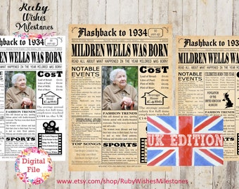 Personalised British 90th Birthday born in 1934 Newspaper Poster Major Events Printable- United Kingdom Great Britain data for the UK