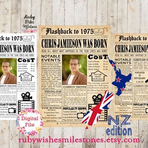 Personalised 50th Birthday 1975 New Zealand Newspaper Front Page Printable Poster. Born in NZ. Major news events and fun facts. Add a photo.