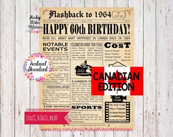 Instant Download 60th Birthday 1964 Canadian Newspaper Front Page Printable Poster. Major Events. Fun Facts. Born in Canada Last minute gift