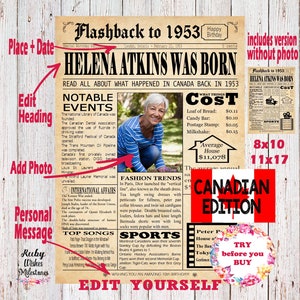 May include: A vintage newspaper-style printable birthday card with a red and white Canadian flag design. The card features a headline that reads "Helena Atkins Was Born" and includes a photo of a woman. The card also includes a section titled "Notable Events" that lists significant events that happened in Canada in 1953. The card is customizable with a place for a photo, a personal message, and a date.