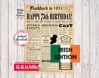 Instant Download 75th Birthday 1951 Newspaper Front Page Poster Major Events in Ireland Printable- Irish Last Minute Birthday Gift