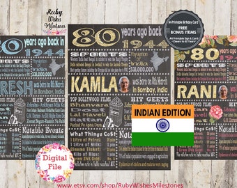 Personalised Indian 80th Birthday 1944 Chalkboard Printable born in India blackboard gift print at home jpg pdf