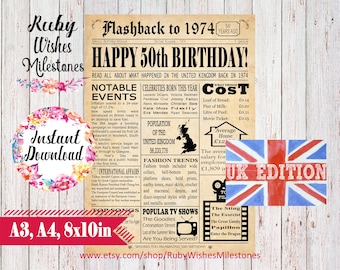 Instant Download 50th Birthday 1974 British Newspaper Front Page News Printable Poster UK facts. Born in the United Kingdom Last Minute Gift