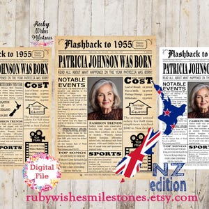 Personalised 70th Birthday 1955 Kiwi Newspaper Front Page Printable Poster. Born in New Zealand. Custom add photo. Major news events facts