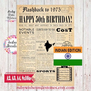 Instant Download 50th Birthday 1975 Indian Newspaper Front Page Printable Poster Born in India Fun Facts Major News Events