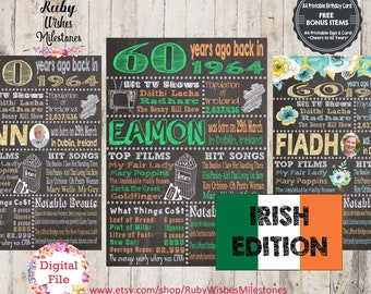 Personalised 60th Birthday 1964 Chalkboard Printable jpg and pdf- Irish Edition with fun facts. Born in Ireland. Watercolour. Add photo.