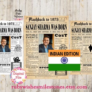 Personalised 50th Birthday 1975 Indian Newspaper Front Page Printable Poster. Born in India. Major news events. Customise Add Photo
